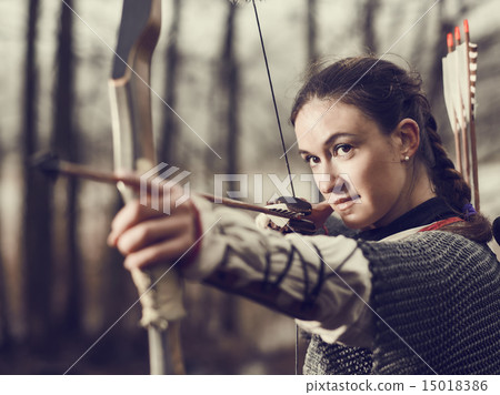 Medieval archery, woman shoot Medieval archery, woman shoot 15018386