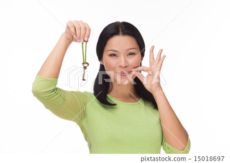 Woman locked mouth with key on white 15018697