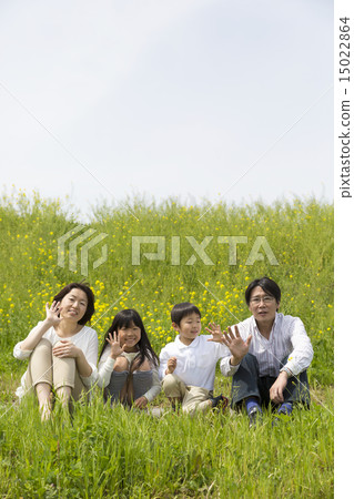 Family 4 people sitting Waving hands 15022864