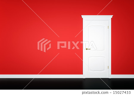 Closed white door on green wall Closed white door on green wall 15027433