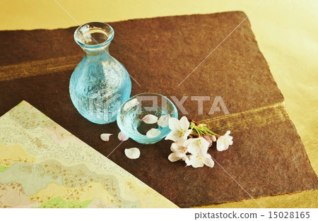 春天的背景材料·櫻花玻璃與清酒櫻桃·日本紙3種背斜鳥瞰水平位置 15028165