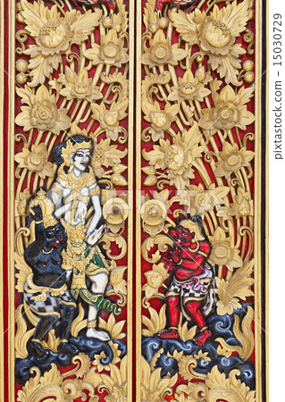 Traditional Balinese pattern carved wood door Traditional Balinese pattern carved wood door 15030729
