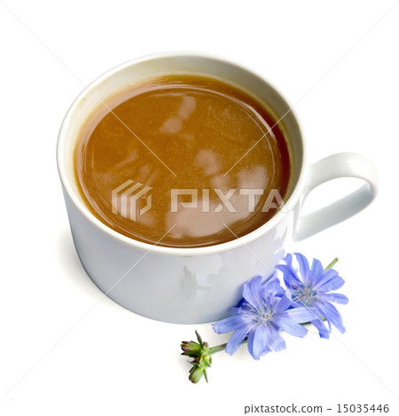 Chicory drink in white cup with blue flower Chicory drink in white cup with blue flower 15035446