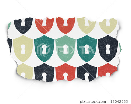 Security concept: multicolor Shield With Keyhole icons on Torn Paper background 15042963