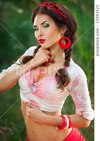 sensual girl with red lips playing cherry, pin-up retro style 15043525