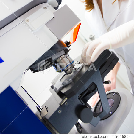 Scientist microscoping on fluorescent microscope.  15046804