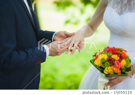 hands of bridal couple with wedding rings hands of bridal couple with wedding rings 15050119