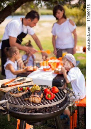 Family on vacation having barbecue 15060458