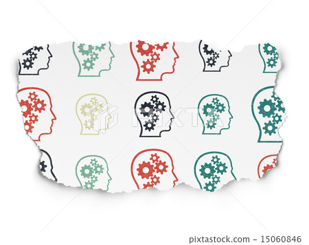 Advertising concept: multicolor Head With Gears icons on Torn Paper background 15060846