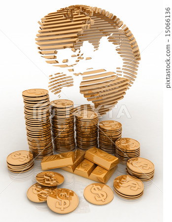 Gold globe with many gold coins and bullions Gold globe with many gold coins and bullions 15066136