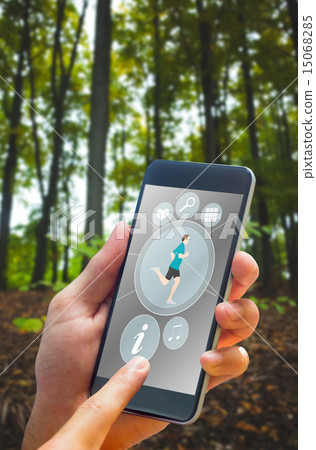 Composite image of hand holding smartphone Composite image of hand holding smartphone 15068285
