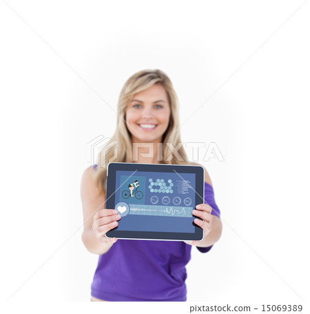 Composite image of tablet computer being held by a blonde woman Composite image of tablet computer being held by a blonde woman 15069389