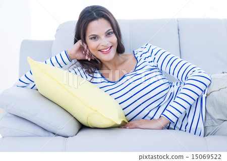 Smiling beautiful brunette relaxing on the couch and looking at 15069522