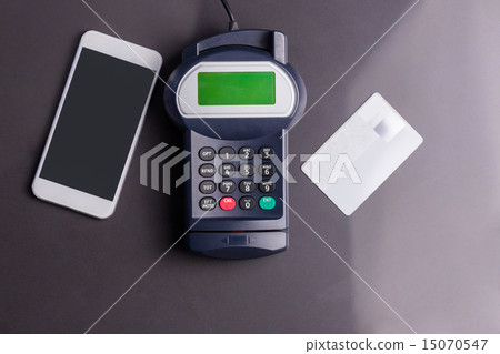 Overhead of pin terminal and smartphone Overhead of pin terminal and smartphone 15070547