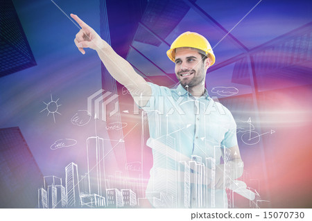 Composite image of male architect with blueprints pointing away Composite image of male architect with blueprints pointing away 15070730