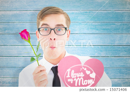 Composite image of geeky hipster holding a red rose and heart ca Composite image of geeky hipster holding a red rose and heart ca 15071406