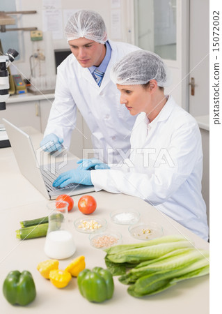 Scientists working with laptop and vegetables around them Scientists working with laptop and vegetables around them 15072002