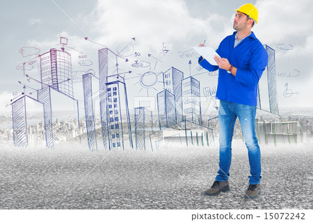 Composite image of manual worker looking up while writing on cli 15072242
