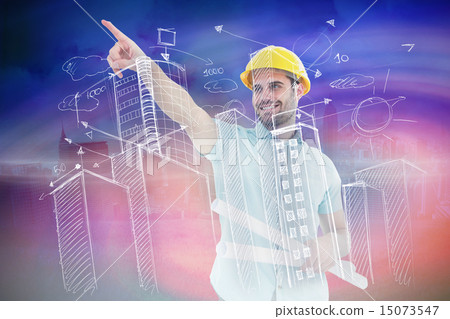 Composite image of male architect with blueprints pointing away 15073547