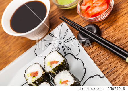 roll with salmon, sauce close-up roll with salmon, sauce close-up 15074948