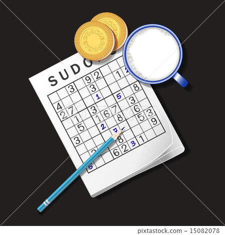 Sudoku game, mug of milk and cookies Sudoku game, mug of milk and cookies 15082078