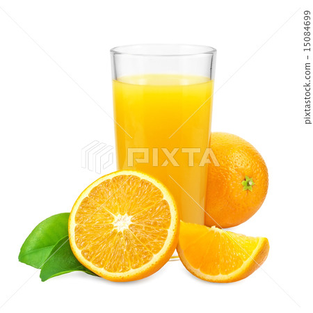 Orange juice and oranges with leaves Orange juice and oranges with leaves 15084699
