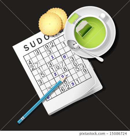 Sudoku game, mug of green tea and cracker 15086724