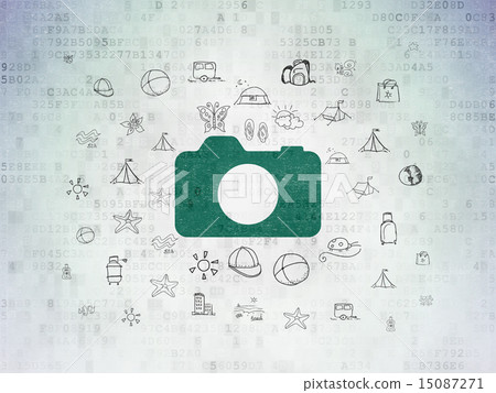 Tourism concept: Photo Camera on Digital Paper background 15087271