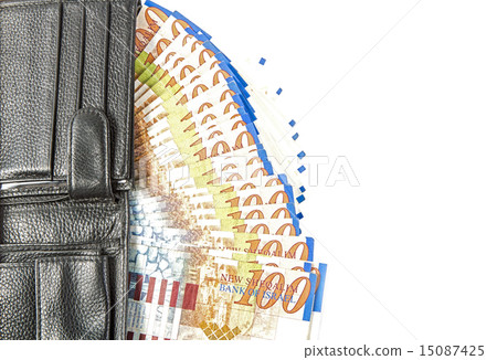 Bills of one hundred shekels in the wallet . 15087425