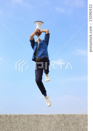 man jump and shout megaphone 15090432