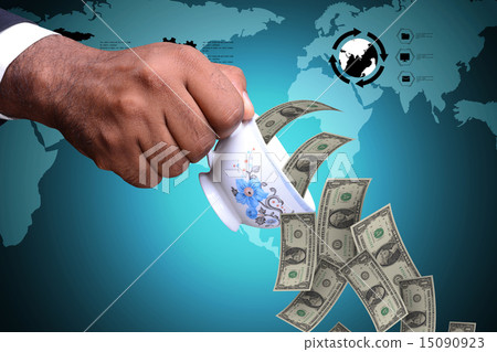 man hand with tea cup and currency notes man hand with tea cup and currency notes 15090923
