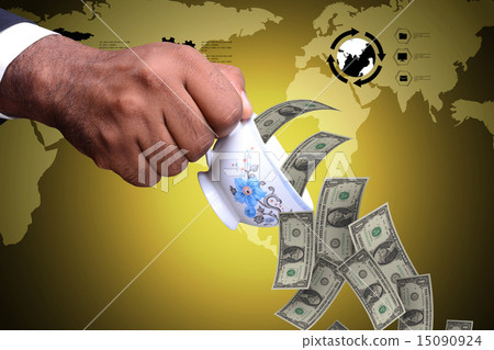 man hand with tea cup and currency notes man hand with tea cup and currency notes 15090924