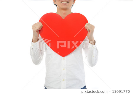 A man with a white shirt with a big red heart mark 15091770