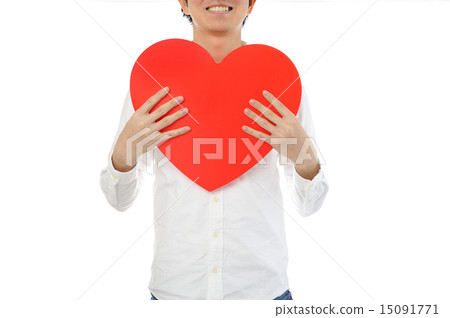 A man with a white shirt with a big red heart mark 15091771
