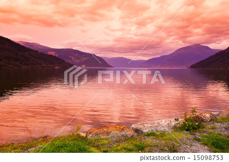 Sunset in fjord Hardanger Norway Sunset in fjord Hardanger Norway 15098753