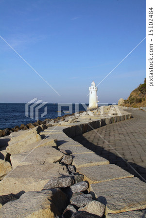 Irakaku燈塔的早晨風景 日本的50燈塔 三河灣國立公園 愛知縣田原市irako鎮 照片素材 圖片 圖庫