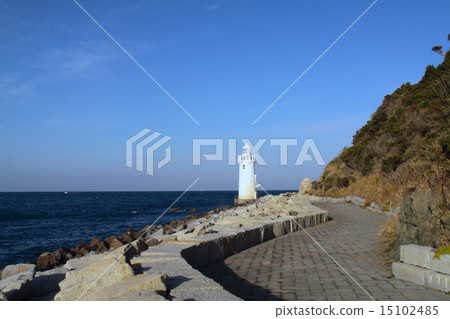 Irakaku燈塔的早晨風景 日本的50燈塔 三河灣國立公園 愛知縣田原市irako鎮 照片素材 圖片 圖庫