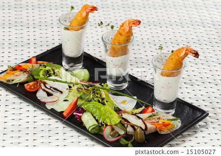 Various snacks in shot glasses Various snacks in shot glasses 15105027