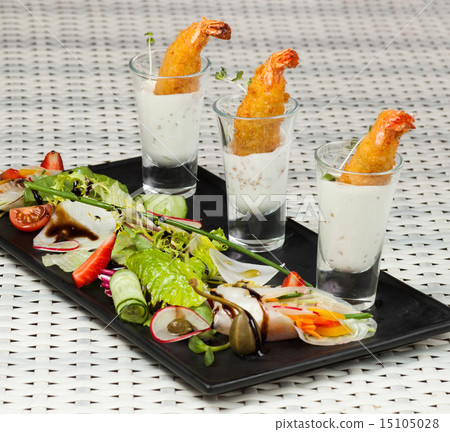 Various snacks in shot glasses Various snacks in shot glasses 15105028