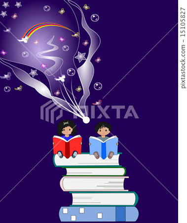African children sit and read book and fantasy fly 15105827