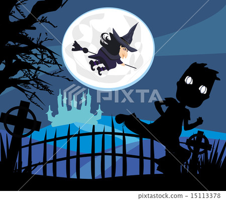 Witch flying on a broom in moonlight. 15113378