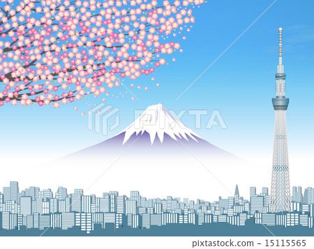 Tokyo Sky Tree And Mount Fuji And Cherry Blossoms Stock Illustration 15115565 Pixta