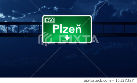 Plzen Czech Republic Highway Road Sign at Night 15127387