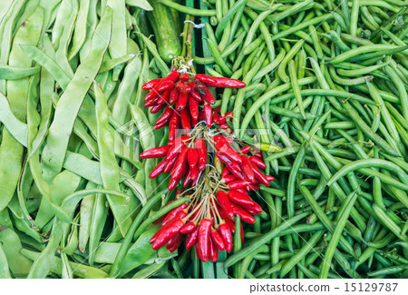 Fresh string beans and red chili peppers Fresh string beans and red chili peppers 15129787