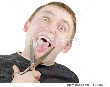 Crazy man with scissors cuts off itself tongue. Crazy man with scissors cuts off itself tongue. 15138760