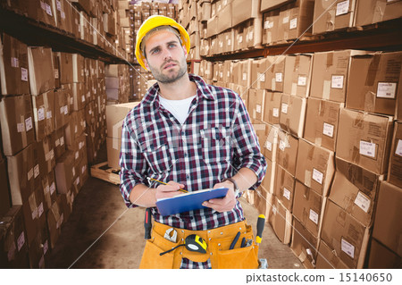 Composite image of thoughtful male repairman writing on clipboar Composite image of thoughtful male repairman writing on clipboar 15140650