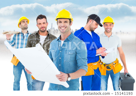 Composite image of happy architect holding blueprint in house Composite image of happy architect holding blueprint in house 15141193