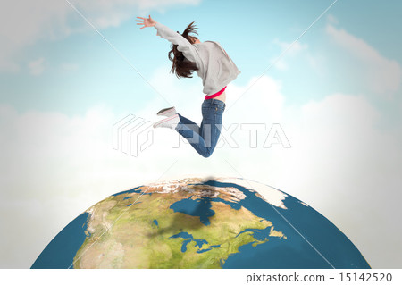 Composite image of cheerful young woman jumping 15142520