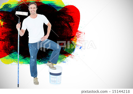 Composite image of man with paint bucket and roller on white bac 15144218