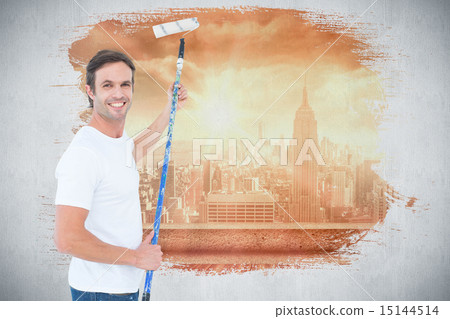 Composite image of happy man using paint roller 15144514